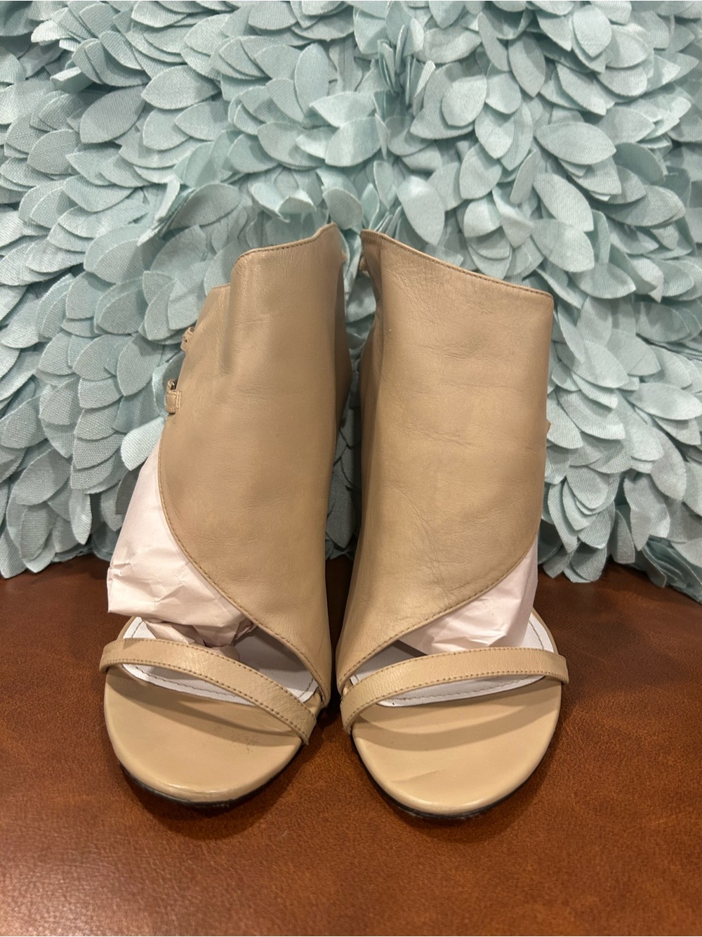 Womens Beige Open-Toe Leather Ankle Booties